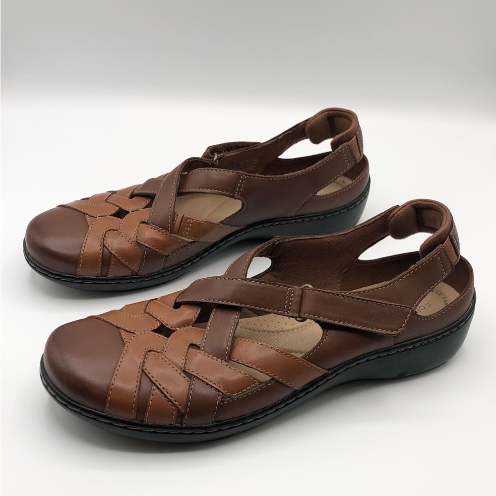 Clarks Brown Cognac Braided Leather Sandals Comfort Shoe Women’s Size 9